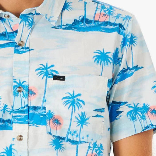 Rip Curl tropical print shirt with blue palm trees and sunset design