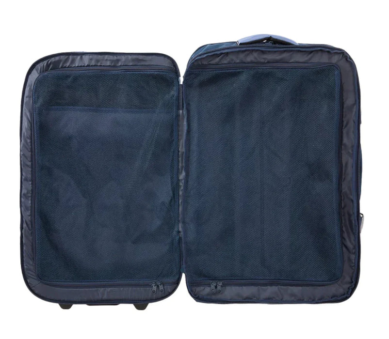 Rip Curl F-Light Global 100L travel bag open, showing black mesh compartments