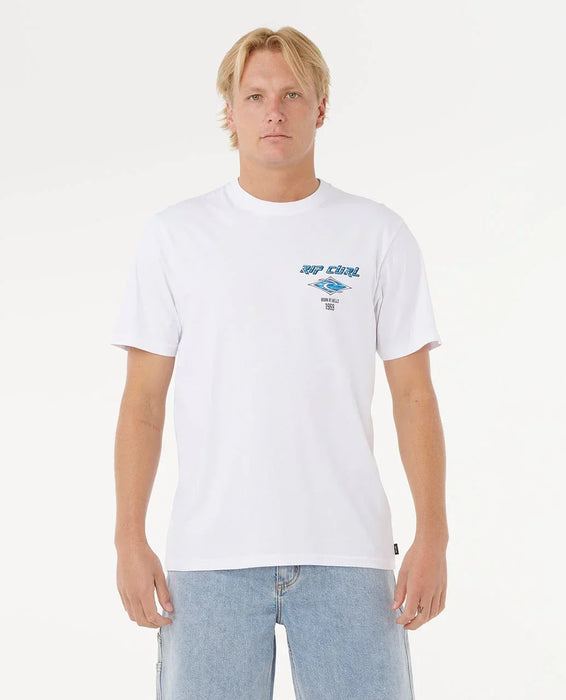 Rip Curl white surf T-shirt with blue logo, worn by man in light denim shorts