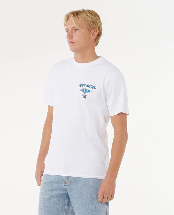 Rip Curl white surf t-shirt with blue logo, worn by male model in jeans