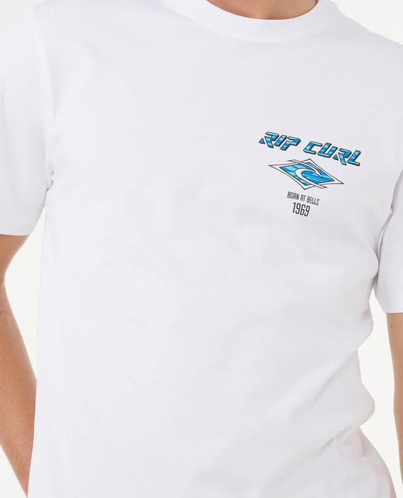 Rip Curl white t-shirt with blue logo and 'Born at Bells 1969' text on chest.