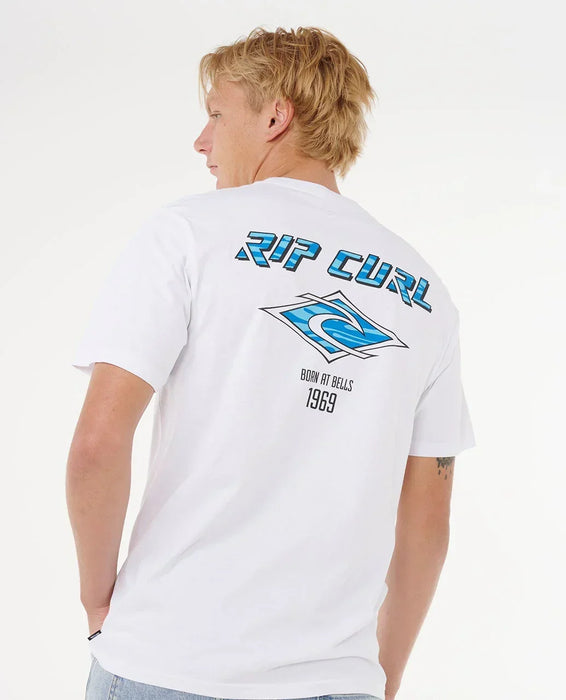 Rip Curl white surf t-shirt with blue graphic logo and 'Born at Bells 1969' on the back