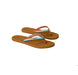Brown flip-flops with rainbow straps on a product page