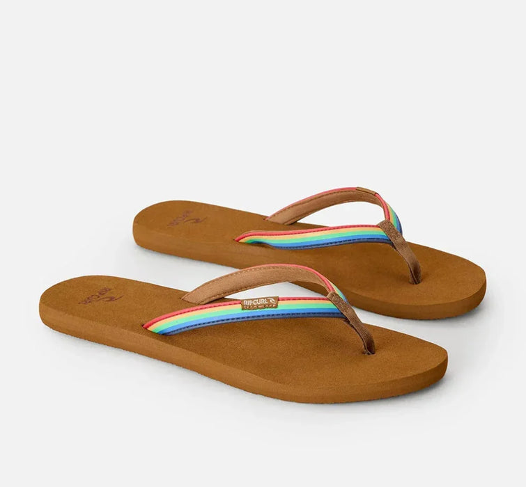 Rip Curl Freedom Bloom flip flops with brown sole and rainbow straps, open-toe design