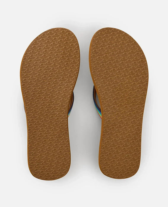 Rip Curl dark navy flip flops with textured brown sole, open toe, watersports footwear