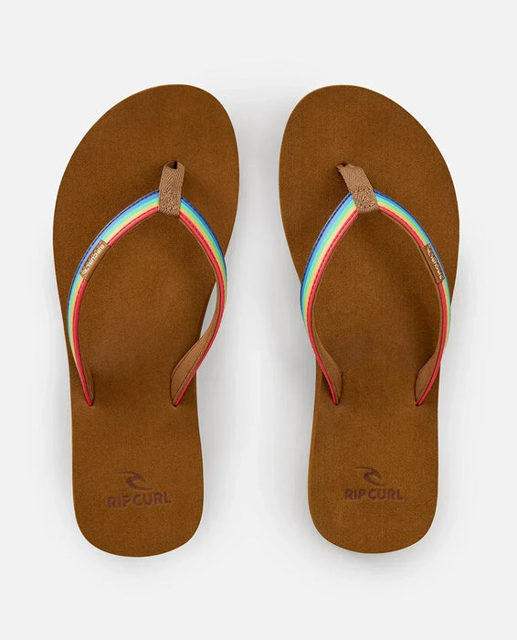 Rip Curl brown open toe flip flops with rainbow straps, ideal for watersports and beachwear