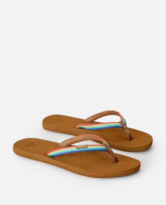 Rip Curl brown open toe flip flops with rainbow strap, watersports beachwear