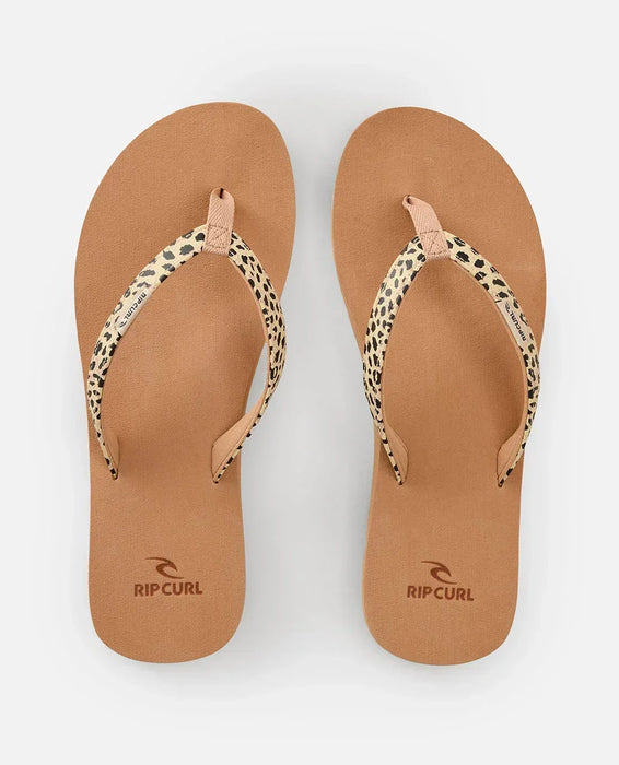Rip Curl open toe flip flops with leopard print straps and natural tan sole