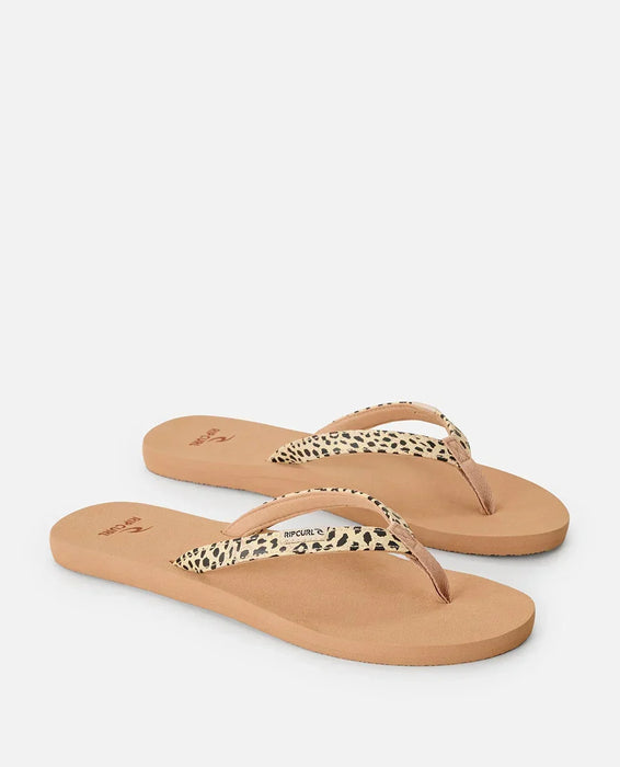 Rip Curl open toe flip flops with beige sole and leopard print straps, surf footwear