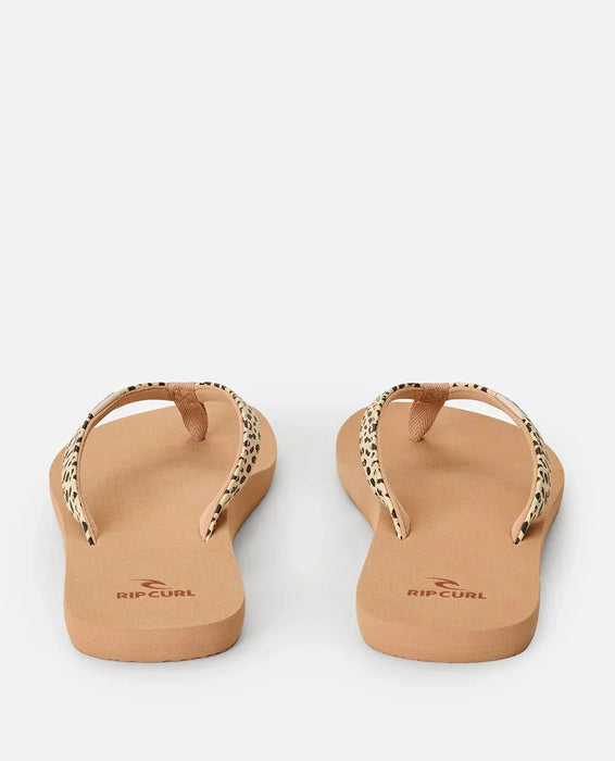 Rip Curl open toe flip flops with natural beige sole and leopard print straps