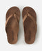 Rip Curl tan leather open toe sandals, flip flops with logo, viewed from above