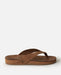 Rip Curl tan leather open toe flip flop sandal with cushioned sole, side logo visible