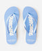 Rip Curl blue open-toe flip flops with bold logo, ideal for surf and beachwear.