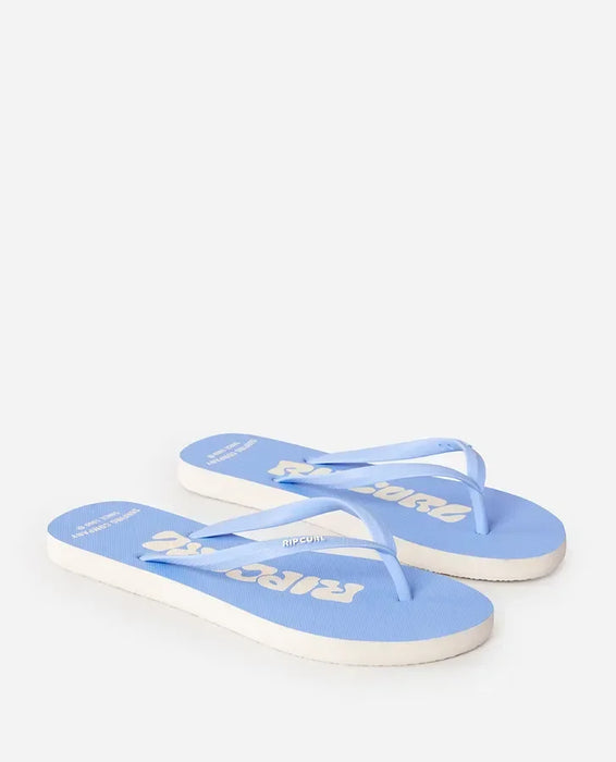 Rip Curl blue open toe flip flops with white sole and logo, surf footwear
