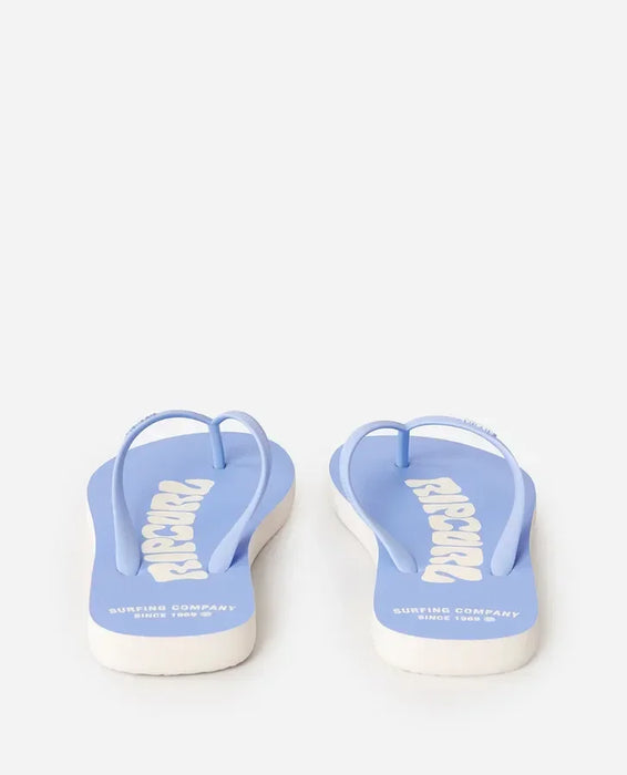 Rip Curl blue open toe flip flops with white text, flat sole, surf clothing footwear