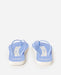 Rip Curl blue open toe flip flops with white text, flat sole, surf clothing footwear