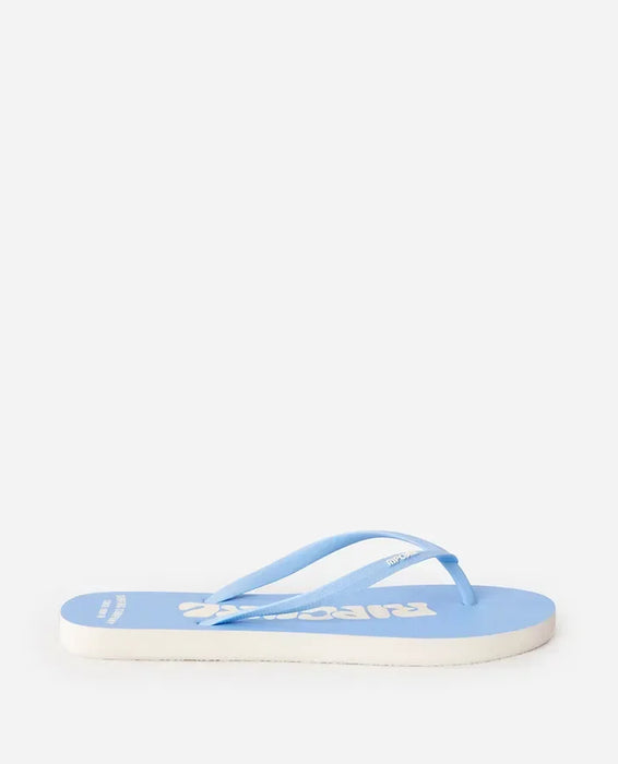 Rip Curl blue open toe flip flop with white sole and logo, surf clothing footwear