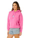 Rip Curl pink surf hoodie with front logo, worn by woman in denim shorts