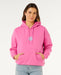 Rip Curl super pink surf hoodie with front pocket and blue sun logo, surf clothing