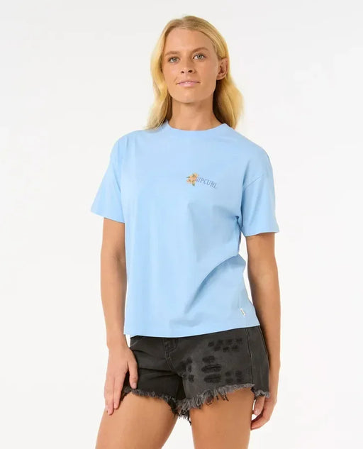 Rip Curl women's relaxed fit tee in mid blue with small chest logo, surf clothing