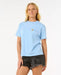 Rip Curl women's relaxed fit tee in mid blue with small chest logo, surf clothing