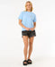 Rip Curl La Joya relaxed tee in mid blue, surf clothing, worn with black distressed shorts