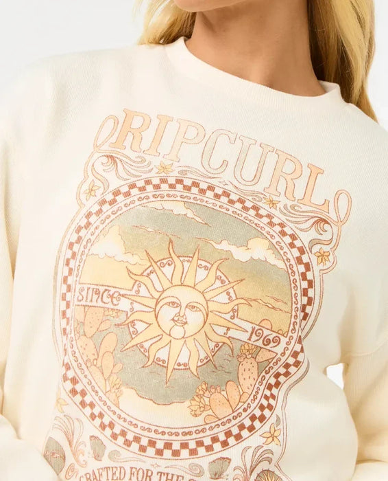 Rip Curl Luna relaxed crew sweatshirt in bone with sun and cactus graphic, surf clothing
