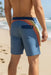 Rip Curl Mirage Pacific men's blue board shorts with rainbow stripe, beach background