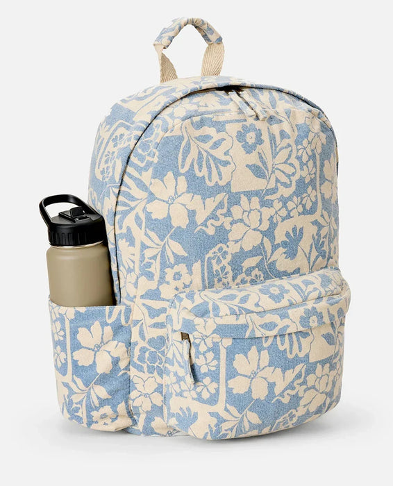 Rip Curl floral canvas backpack in blissful blue with front pocket and bottle holder