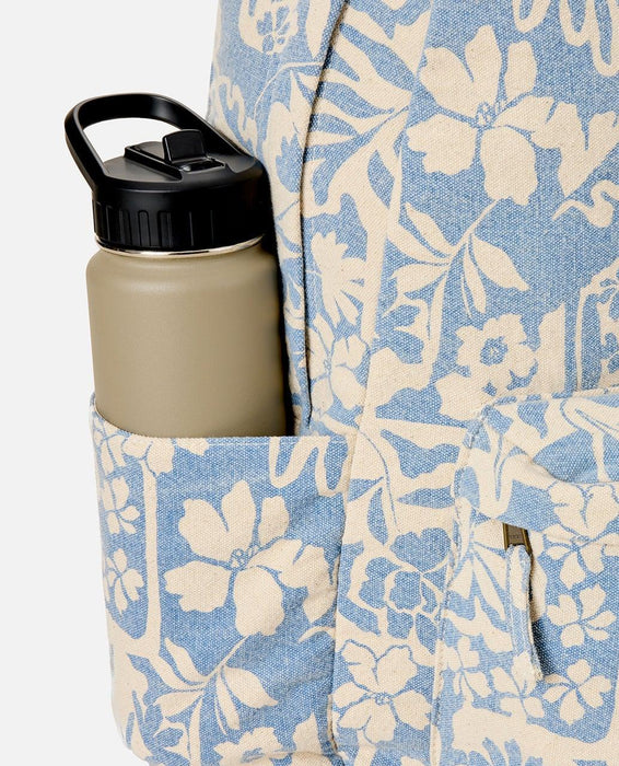 Rip Curl mixed canvas blue floral backpack with bottle in side pocket