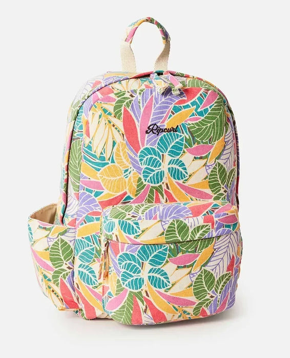 Rip Curl mixed canvas backpack with colorful tropical leaf pattern and front zip pocket
