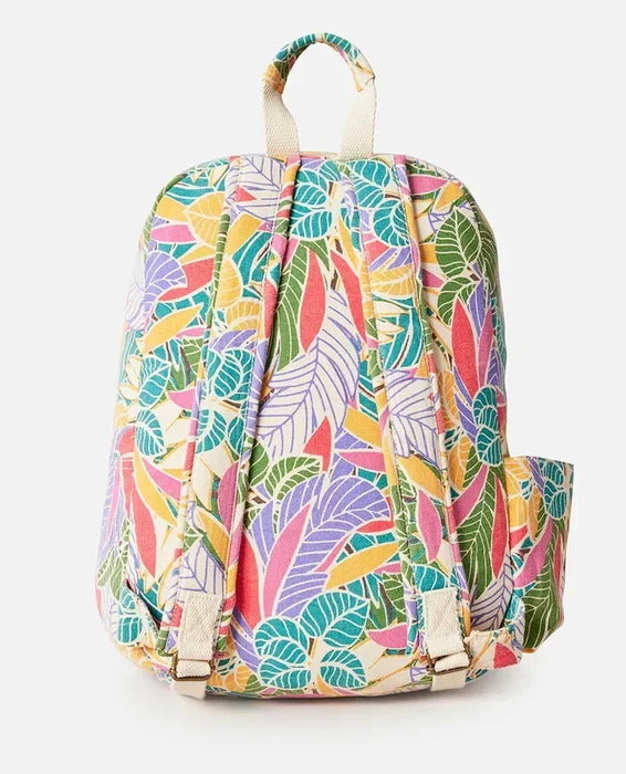 Rip Curl mixed canvas backpack with colorful tropical leaf print and beige straps, watersports gear