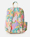 Rip Curl mixed canvas backpack with colorful tropical leaf print and beige straps, watersports gear