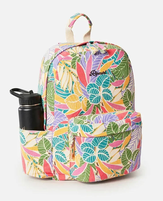 Rip Curl mixed canvas 18L backpack with colorful tropical leaf print and front pocket