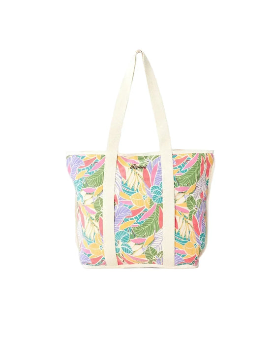 Tote bag with colorful leaf pattern on a white background