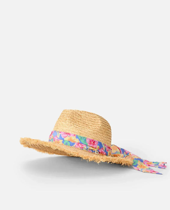 Rip Curl mixed straw Panama hat with floral band, wide brim, and frayed edge, sun protection