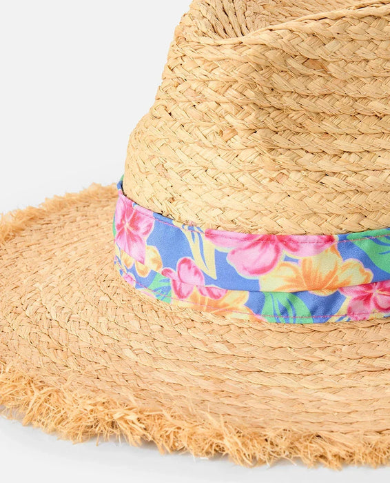Rip Curl straw Panama hat with wide brim and colorful floral band, ideal for beachwear