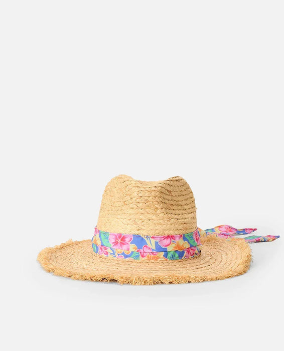 Rip Curl straw Panama hat with wide brim and colourful floral band, surf clothing accessory