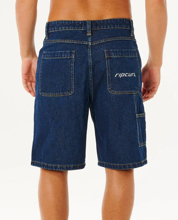 Rip Curl men's indigo denim walkshorts, back view, with logo and patch pockets