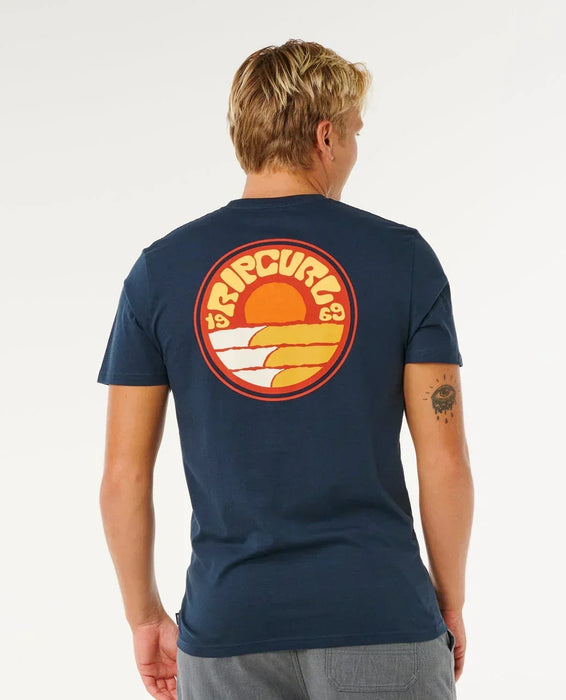 Rip Curl navy surf t-shirt with orange sunset and waves graphic on back, surf clothing