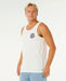 Rip Curl white tank vest with logo, surf clothing, worn by male model, beachwear style
