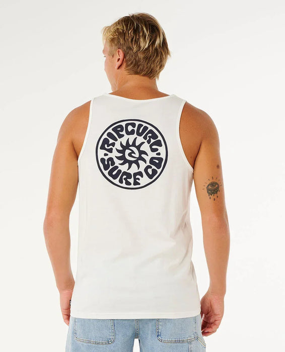 Rip Curl white tank vest with large black surf logo on back, worn by man in denim shorts