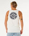 Rip Curl white tank vest with large black surf logo on back, worn by man in denim shorts