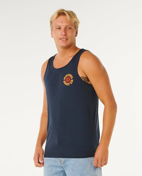 Rip Curl dark navy tank top with chest logo, men's surf clothing