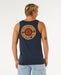 Rip Curl dark navy tank vest with retro surf logo on back, worn by man in denim shorts