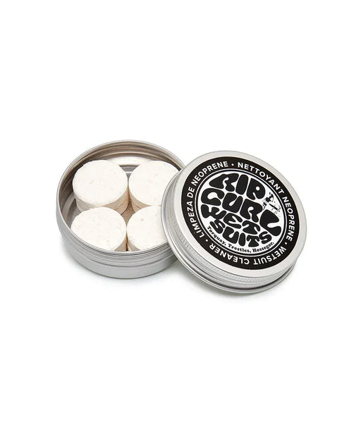Rip Curl wetsuit cleaner tabs in a round silver tin with black and white lid