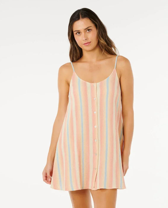 Rip Curl surf cover up dress with pastel multicolour stripes and button front, sleeveless