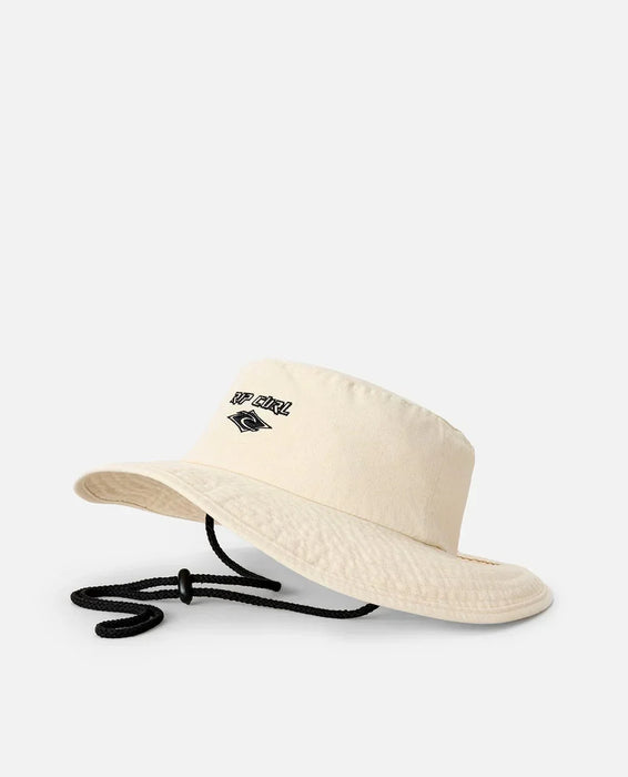 Rip Curl natural UPF sun hat with black logo and chin strap, surf clothing accessory