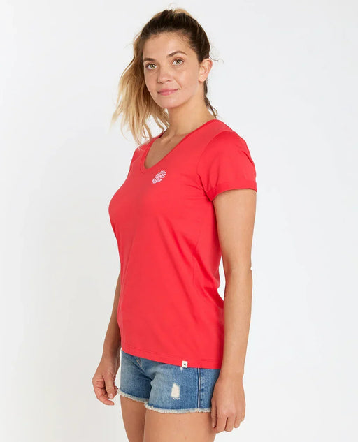 Rip Curl women's hibiscus red V-neck tee, short sleeves, surf clothing