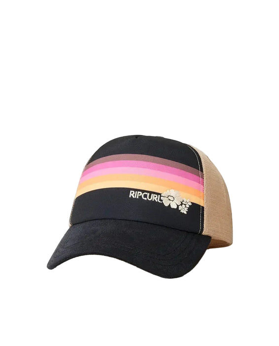 Rip Curl Revival black trucker cap with pink and yellow stripes and mesh back